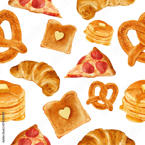  Sweet Dessert pattern Watercolor Pizza Croissants Pancakes Bread