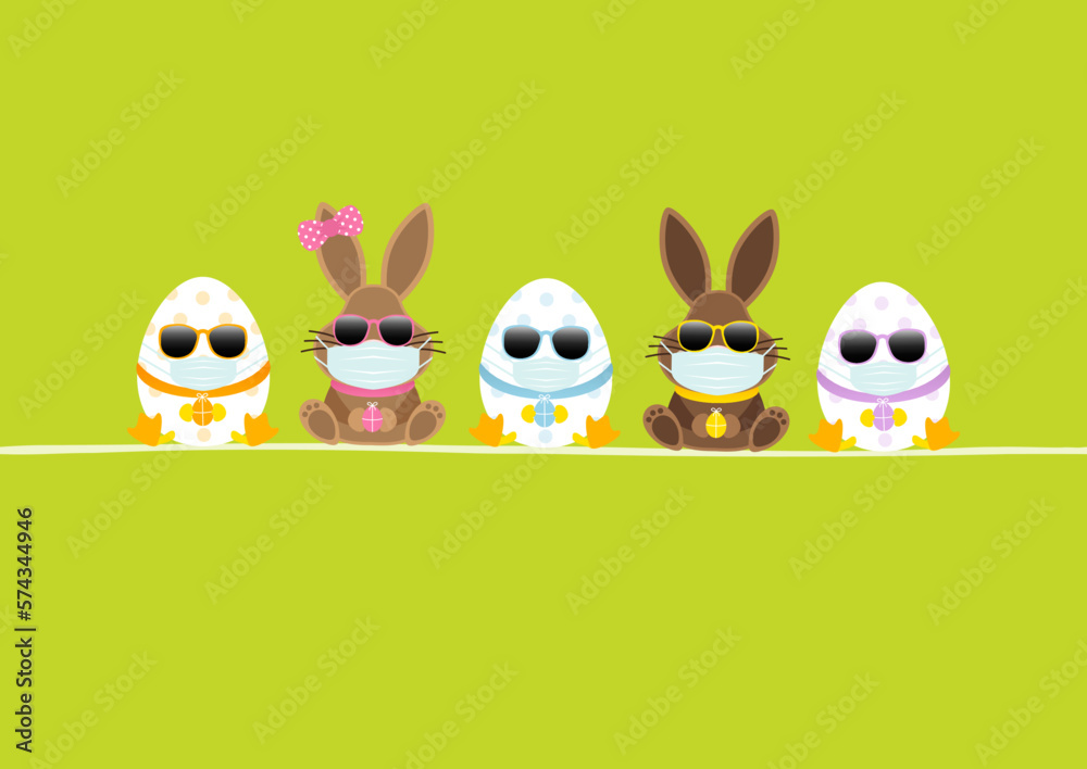 Fototapeta premium Sitzende Osterhasen Junge & Mädchen Mit 3 Ostereiern Maske Sonnenbrille Karte Grün