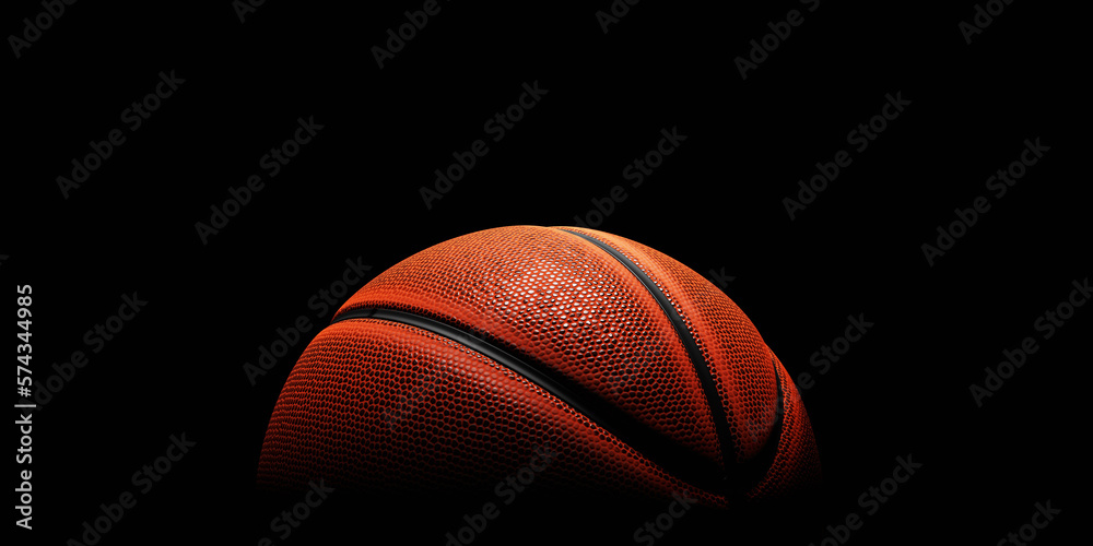 Basketball with spotlight and fade-out shadow in the dark background. Copy space. Sport and game concept. 3D illustration rendering
