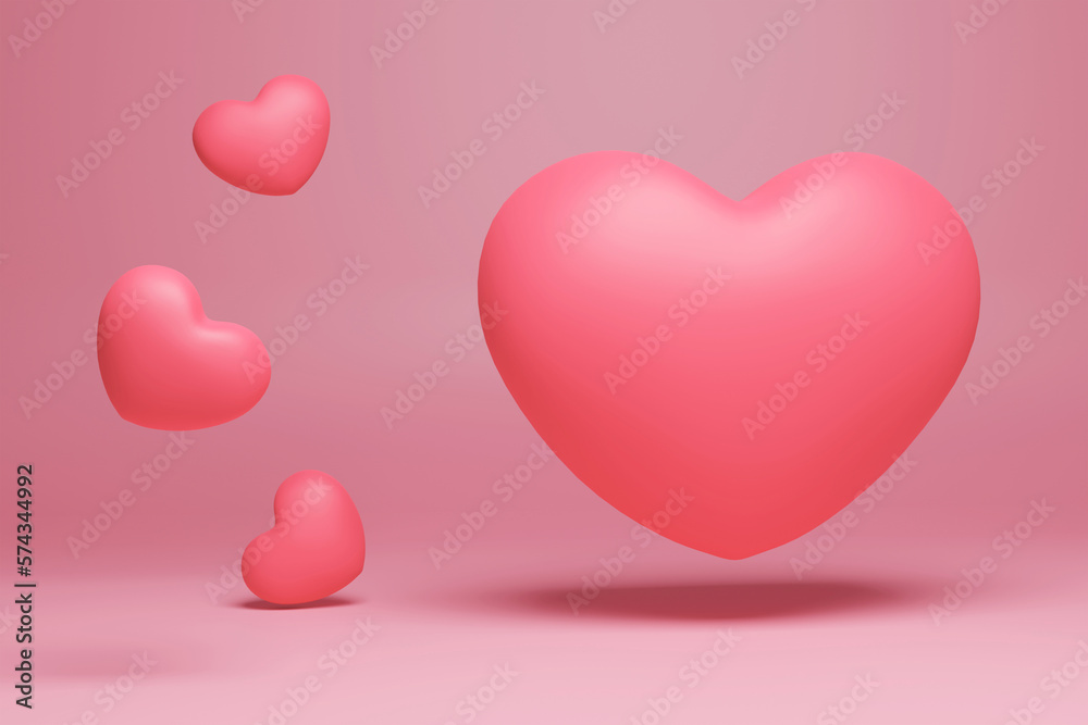 3d pink love heart floating and falling on pink background illustration. Love greeting card