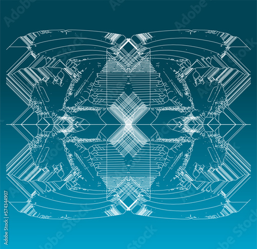 Abstrakte und komplexe Grafik mit gespiegelten weißen Linien und blauem Hintergrund