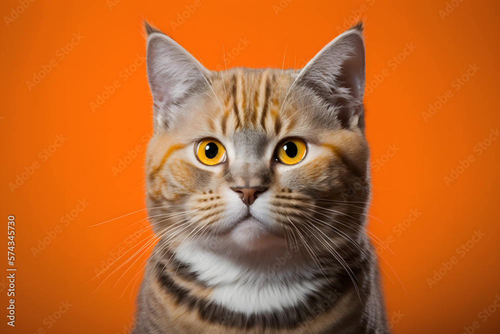 Portrait Portrait of a cat Scottish Straight with a banner in paws on a orange background photography made with Generative AI