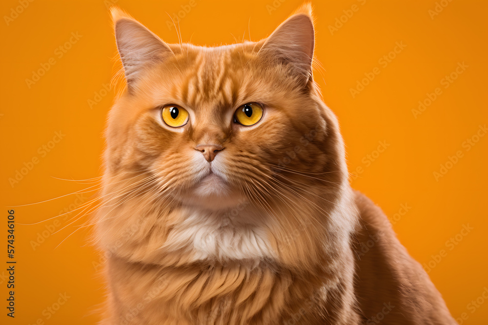 Portrait Portrait of a cat Scottish Straight with a banner in paws on a orange background photography made with Generative AI Portrait Portrait of a cat Scottish Straight with a banner in paws on a orange background photography made with Generative AI