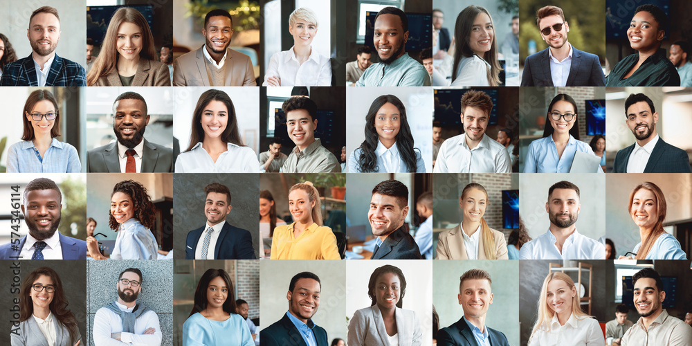 Obraz premium Set of positive young business people posing indoors and outdoors