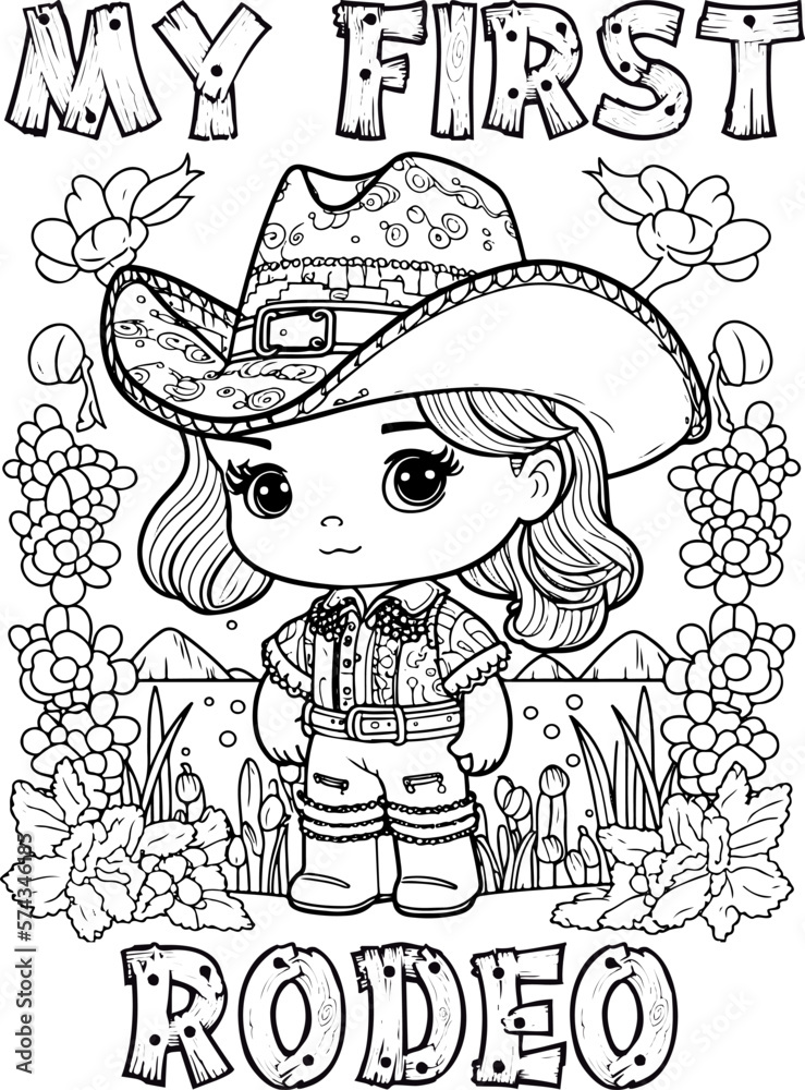 Kawaii style. Cute cowgirl my first rodeo. Artwork design, illustration