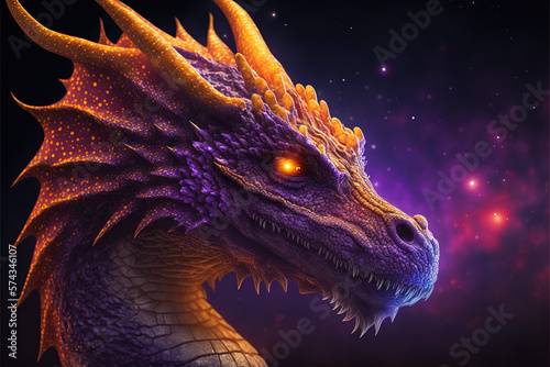 Cosmic dragons in orange and purple  mythical creatures full of power and energy  connection to universe. Spirituality  esoteric  fantasy  role playing games. Generative Ai 