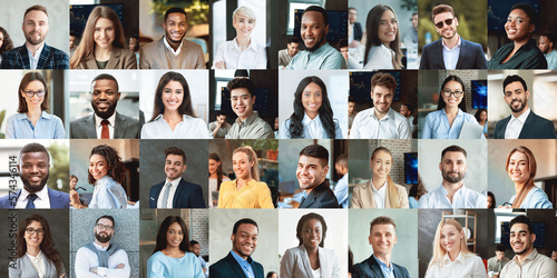 Set of positive young business people posing indoors and outdoors