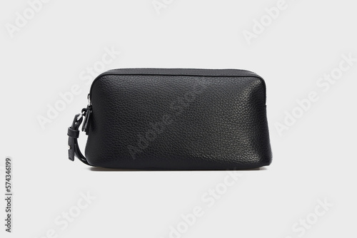 Black classic unisex men's women's Cosmetic Case Wallet Purse Pouch. Leather handle for wan woman isolated on white background. Front view. Template, mock up