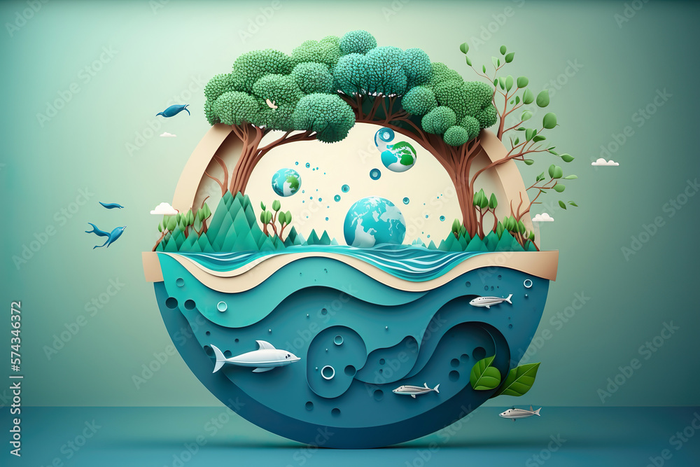Paper art , Ecology and world water day , Saving water and world Environment day, environmental protection and save earth water , Generate Ai - obrazy, fototapety, plakaty 