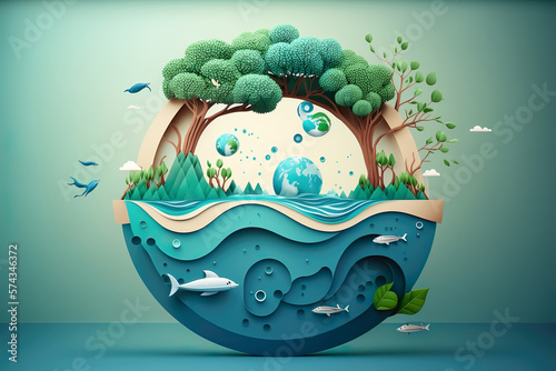 Fototapeta Naklejka Na Ścianę i Meble -  Paper art , Ecology and world water day , Saving water and world Environment day, environmental protection and save earth water , Generate Ai