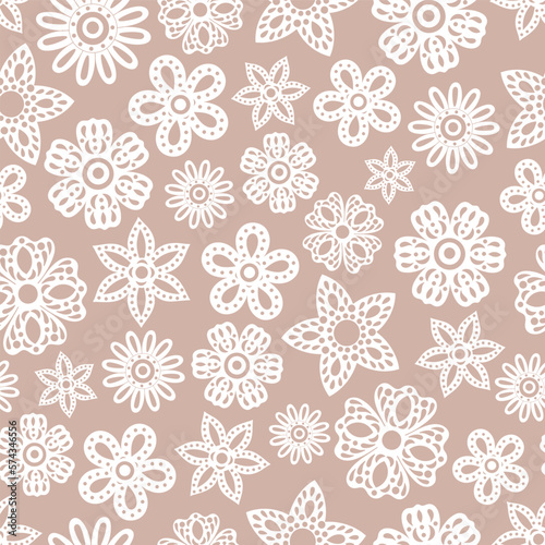 Flower paper cut pattern. White flowers ornament background. Spring symbol. Paper cut style vector illustration. Flowers print, backdrop. Daisy children style color flower. Doodle Floral ornament. 