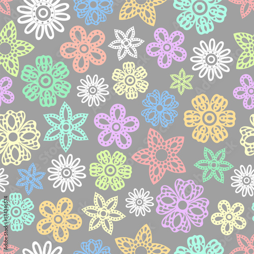 Flower paper cut pattern. White flowers ornament background. Spring symbol. Paper cut style vector illustration. Flowers print, backdrop. Daisy children style color flower. Doodle Floral ornament. 
