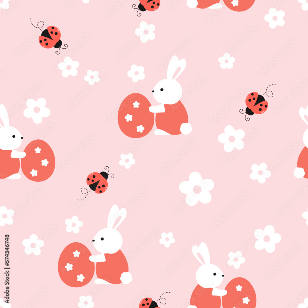 Seamless pattern with rabbit bunny cartoons, Easter eggs, ladybug and cute flower on pink background vector illustration. Seamless pattern with rabbit bunny cartoons, Easter eggs, ladybug and cute flower on pink background vector illustration.