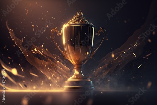 Gold trophy cup on dark background, with abstract shiny sparks lights. Ai. Golden award