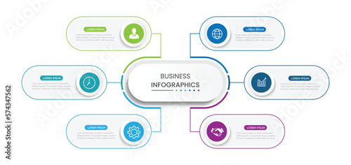 Modern infographic template. Creative circle element design with marketing icons. Business concept with 6 options, steps, sections.
