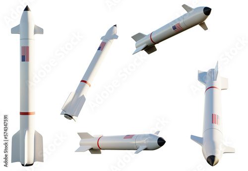 Five missiles with the EEUU flag on transparent background. 3D Render