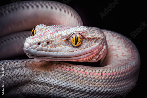 Portrait of an albino snake close-up on a black background, snake white. skin with a pink tint portrait. Generative AI.
