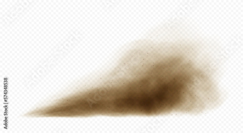 Brown dusty cloud or dry sand flying with a gust of wind. Sandstorm realistic texture with small particles or grains of sand. Vector realistic illustration.