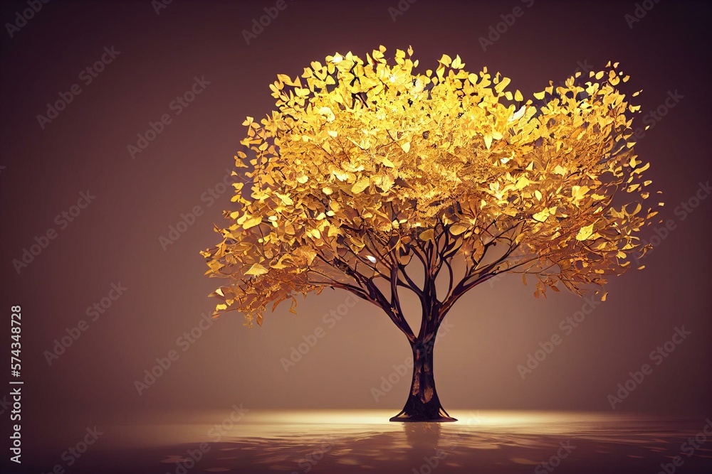 3D poster, gold tree with white leaves in a light gray background with