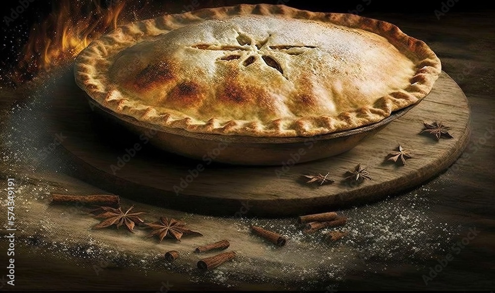  a baked pie on a wooden board with cinnamon stars around it.  generative ai