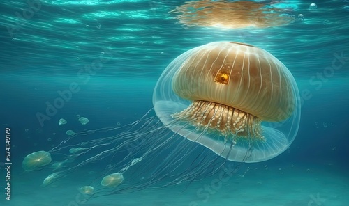  a jellyfish swimming in the ocean with its head above the water.  generative ai © Anna