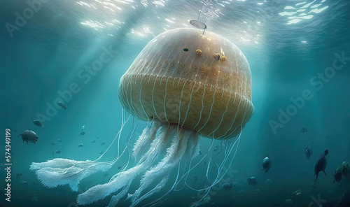  a jellyfish swimming in the ocean with a light on it's head.  generative ai © Anna
