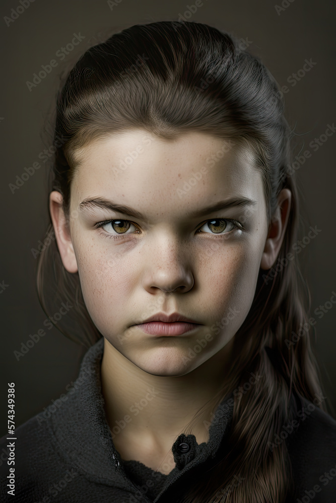 Fototapeta premium Face portrait of a serious young girl looking to camera.