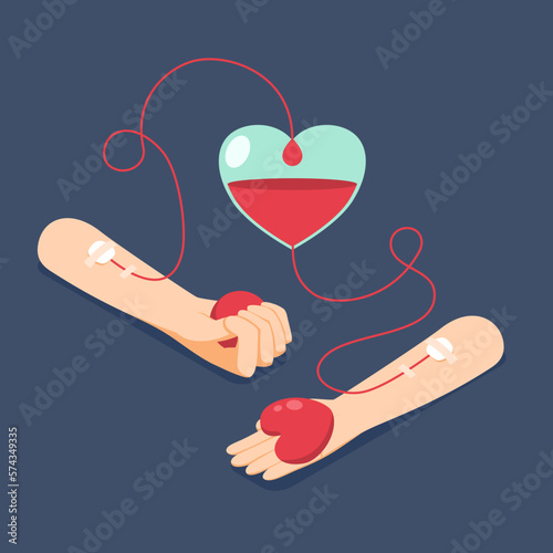 Blood donation day. Give life to be a hero. The donor arm is delivering blood to the recipient of the heart bag, sustaining life for the patient. Vector illustration flat design for poster and banner.