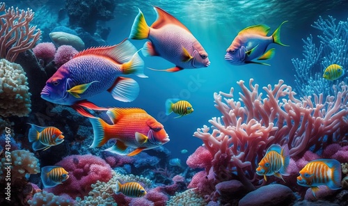  a group of colorful fish swimming over a coral covered ocean. generative ai