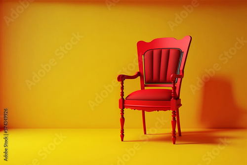 Empty red chair on bright yellow background with copy space for text. Generative AI