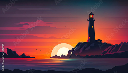 Sunset silhouette lighthouse and sea landscape background. Big sun with colorful twilight sky. Minimal digital art style. Digital illustration generative AI.