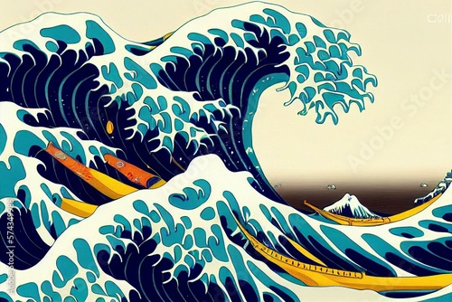 Fototapete Great wave in ocean water as japanese vintage style illustration