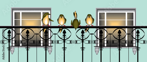 vector illustration of a balcony iron fence and colorful funny birds with red legs and windows with the light on the background.