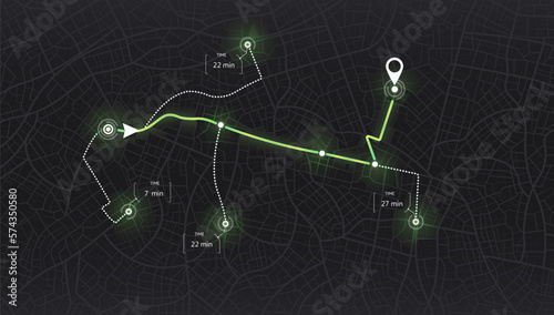 GPS map. City street road. Abstract transportation. City top view. Hi-tech vector background. route distance data, path turns and destination tag or mark