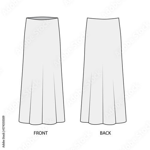Outline vector drawing of a long silk skirt. Long skirt template front and back view. Midi skirt sketch, vector.