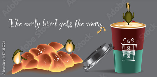 vector illustration with funny birds sitting on croissants and a cap of coffee cappuccino, inscription 'the early bird gets the warm'.