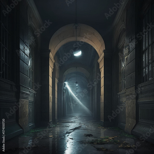 Dark hallway during a thunderstorm