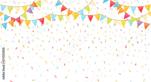 Background with colorful bunting flags and confetti