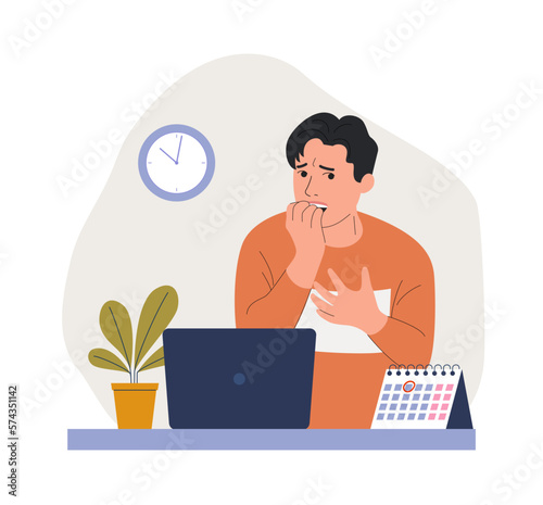 Young man experiences fear, fright, stress before the laptop in the office. Flat style cartoon vector illustration.