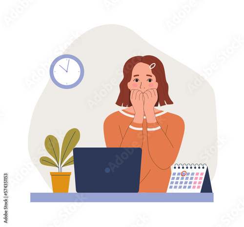 Young woman experiences fear, fright, stress before the laptop in the office. Flat style cartoon vector illustration.