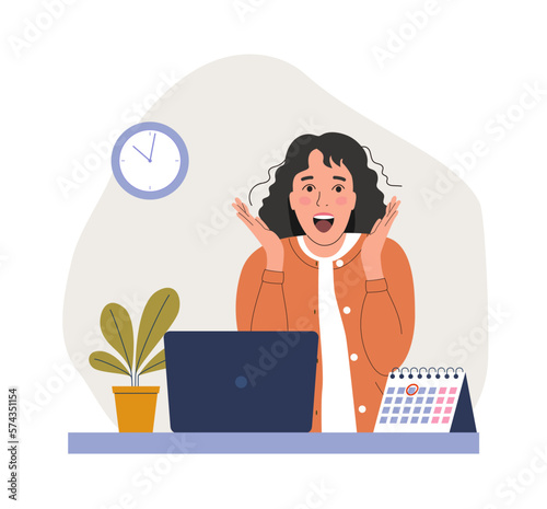 Young woman experiences fear, fright, stress before the laptop in the office. Flat style cartoon vector illustration.