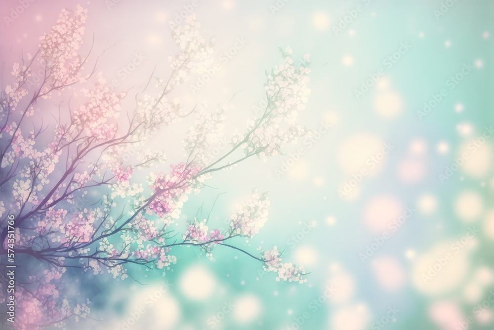 A spring soft pastel coloured background with flowering tree branches. Created with Generative AI.