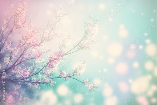 A spring soft pastel coloured background with flowering tree branches. Created with Generative AI.