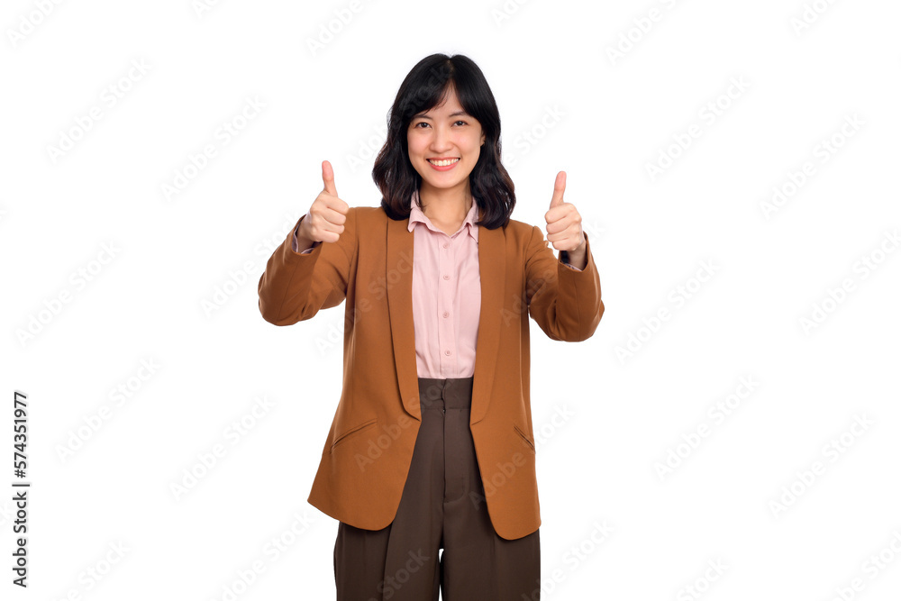 Young confident asian woman, professional entrepreneur showing thumb up in approval, recommending, standing isolated on white background
