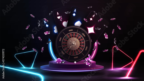 Casino Roulette wheel with black playing cards with glowing neon lights on purple podium with neon ring in scene with line neon colors triangles around.