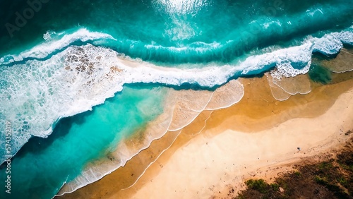 Spectacular top view from drone photo of calmness and refreshing beach. Beautiful scenery with relaxing sunlight, sea water waves pounding the sand at the shore. AI generated.