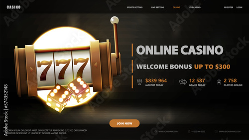 Black banner with gold slot machine, dice and interface elements