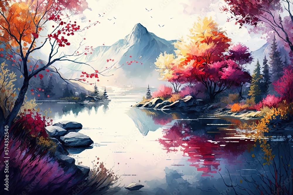 Amazing Mountain and lake landscape, Paradise autumn nature, watercolor art - Generative AI