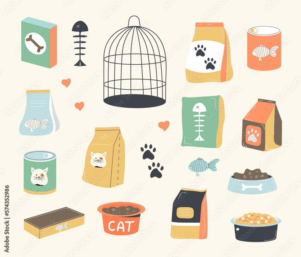 Cat and dog food vector. Canine cans, conserve of feline food. Pet shop