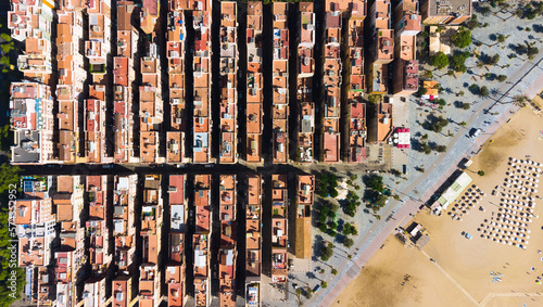 Aerial view made with a drone of la Barceloneta residential district, situated in Barcelona - Spain